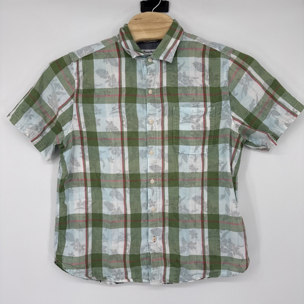 Tommy Bahama Madras Floral Lined‎ Camp Men's Large Hawaiian Shirt Resort Wear